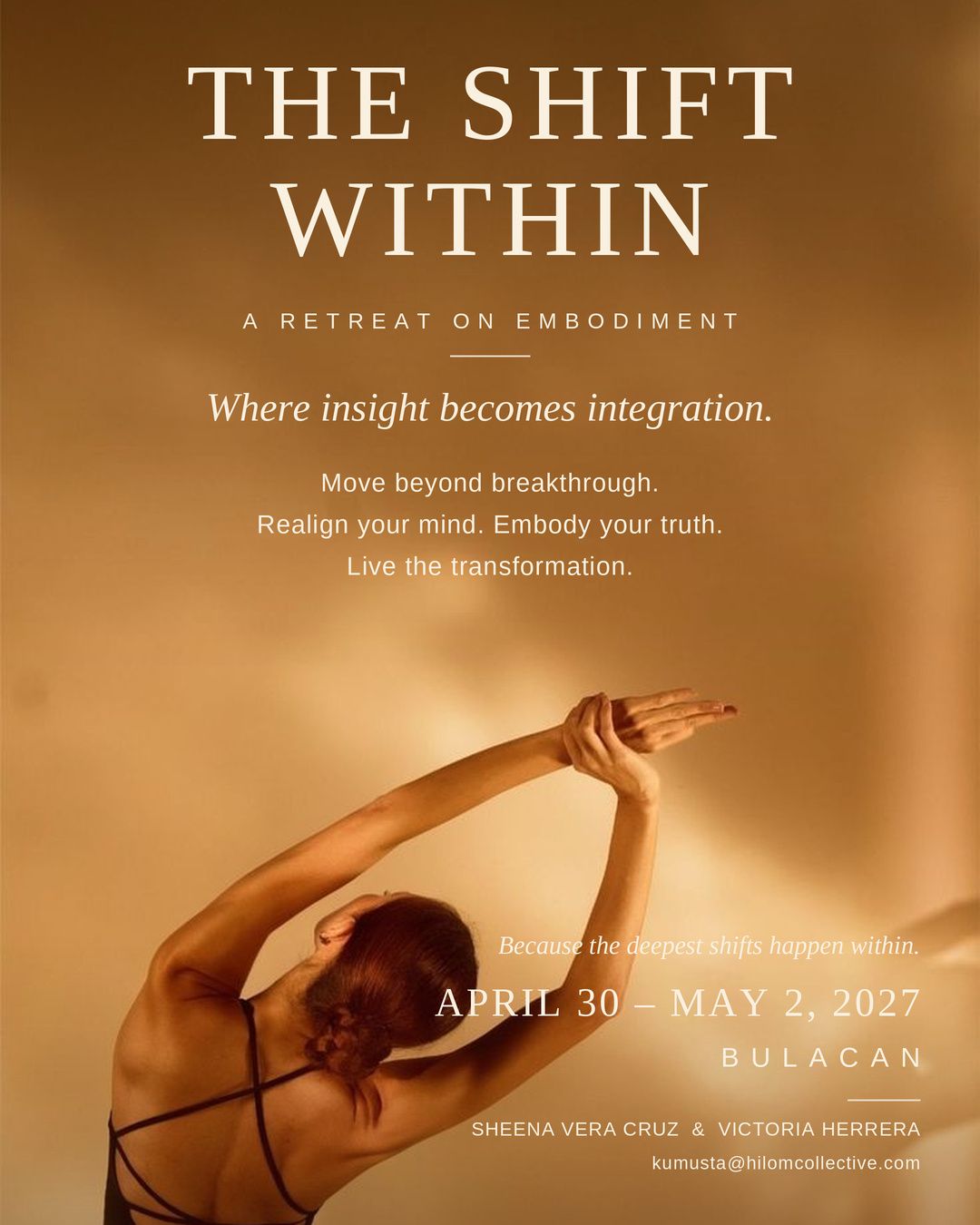 The Shift Within retreat poster: a retreat on embodiment, April 30–May 2, 2027 in Bulacan, with Sheena Vera Cruz and Victoria Herrera