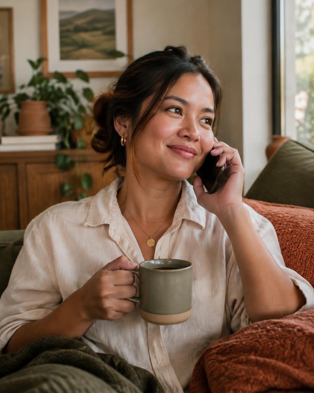 A woman smiling on a call with a mug of coffee