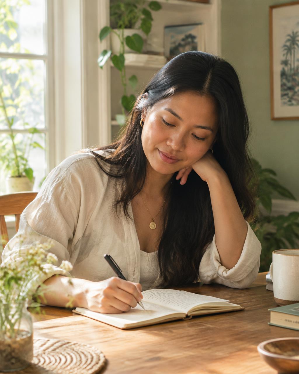 A woman writing in her journal at a sunlit table