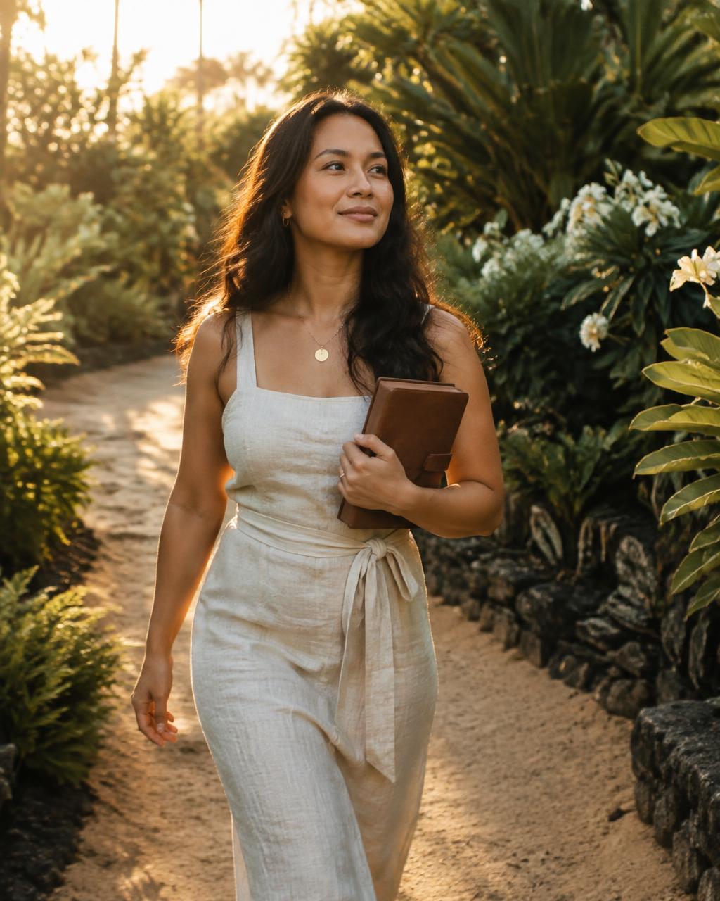 A woman walking a garden path with a journal