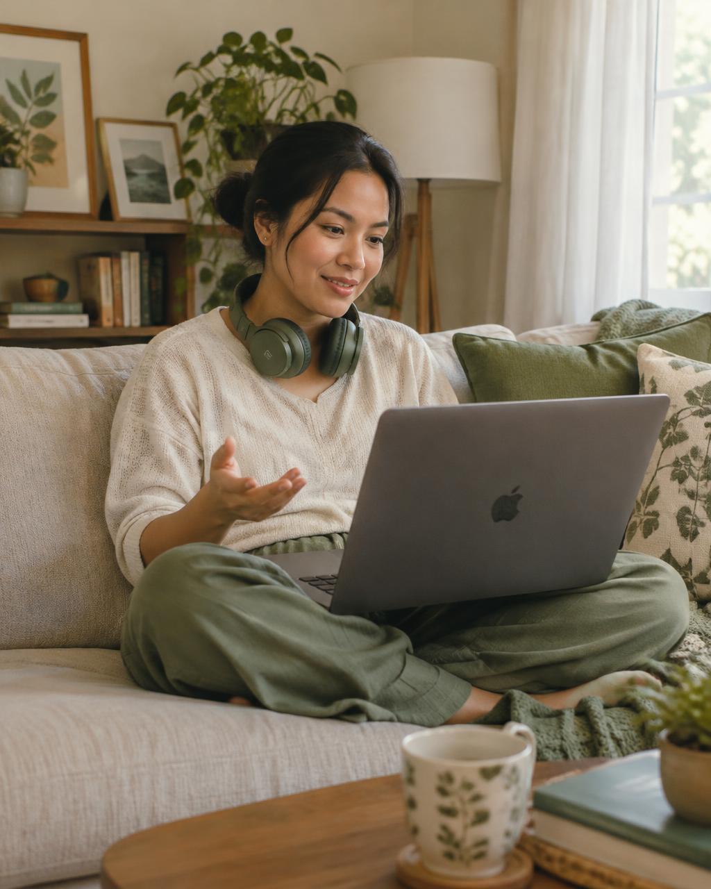 A woman in conversation over a laptop video call